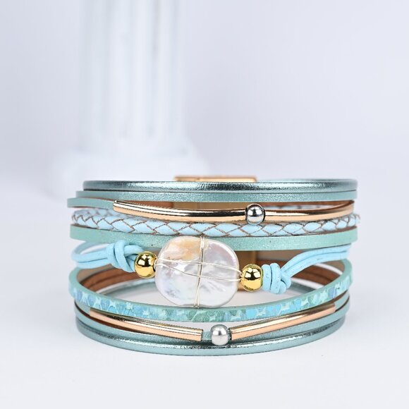Jewelry - Boho Teal Blue and Gold Vegan Leather Bracelet, Magnetic Bracelet